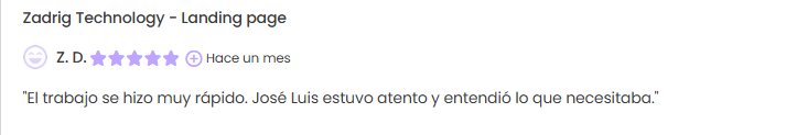 Reseña de 5 estrellas de un cliente de Zadrig Technology