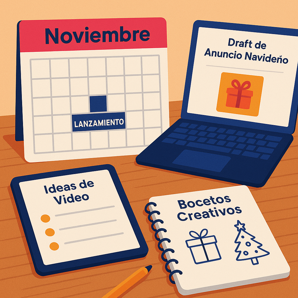 Planificación de creativos para campañas navideñas listos antes del lanzamiento en noviembre, mostrando un calendario y material de diseño.