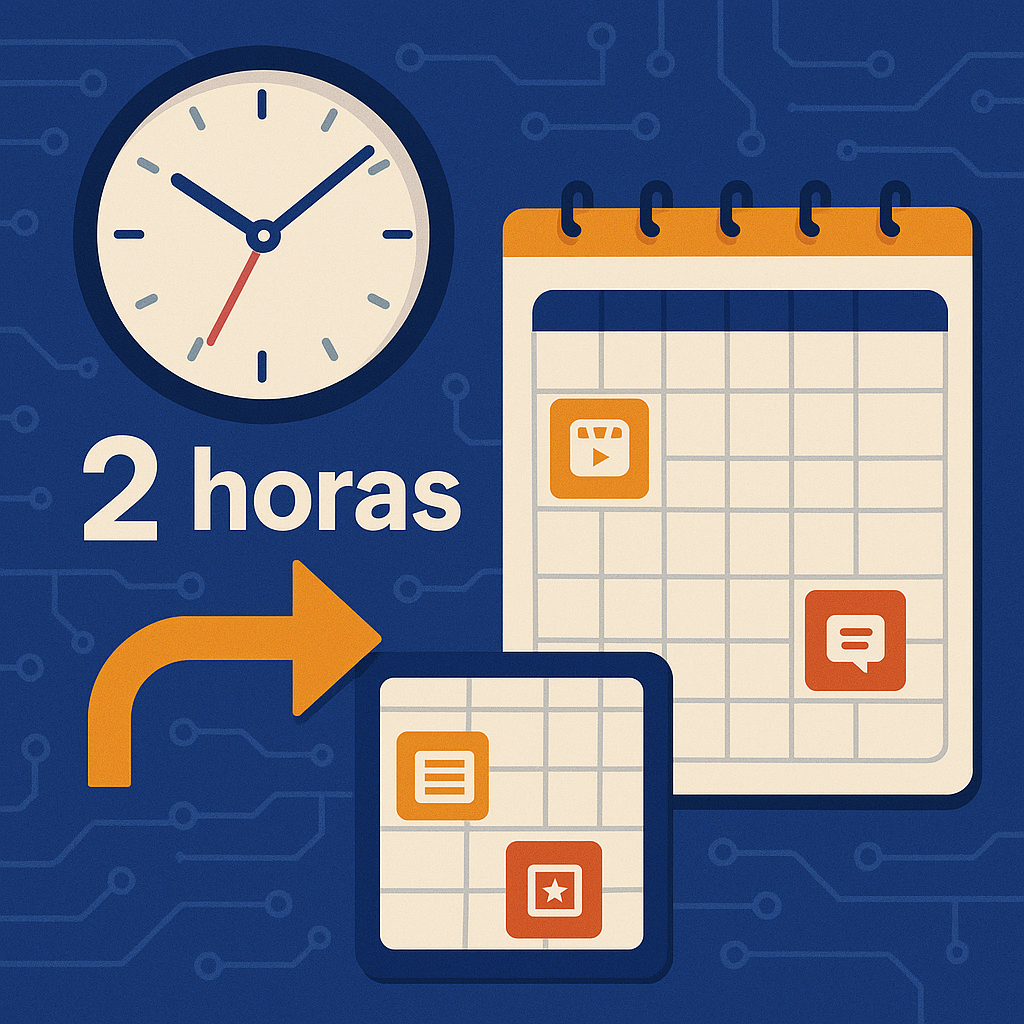 Infografía del proceso de creación de un calendario de contenidos de un mes en menos de dos horas usando inteligencia artificial.