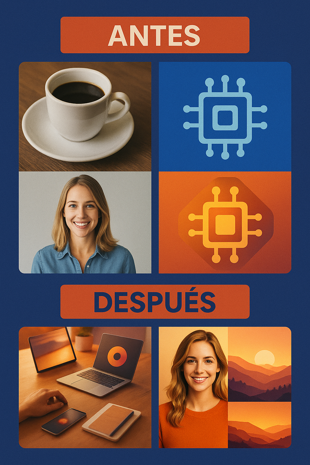 Comparativa de un branding visual incoherente vs una identidad visual coherente creada con Midjourney AI para marketing digital.