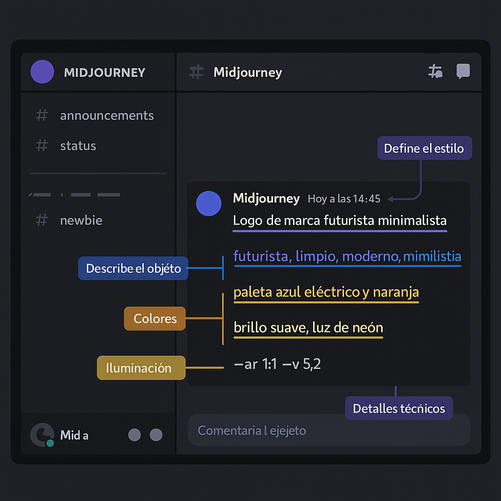 Ejemplo de un prompt detallado en Midjourney para crear una identidad visual de marca coherente con un estilo futurista minimalista.