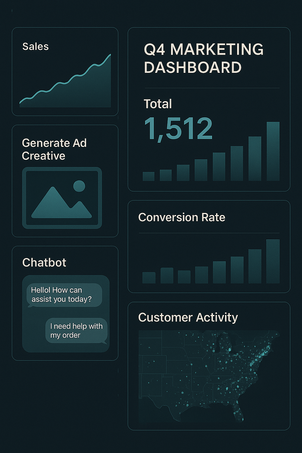 Dashboard de marketing de Q4 impulsado por IA mostrando creativos, chatbots y análisis predictivo.
