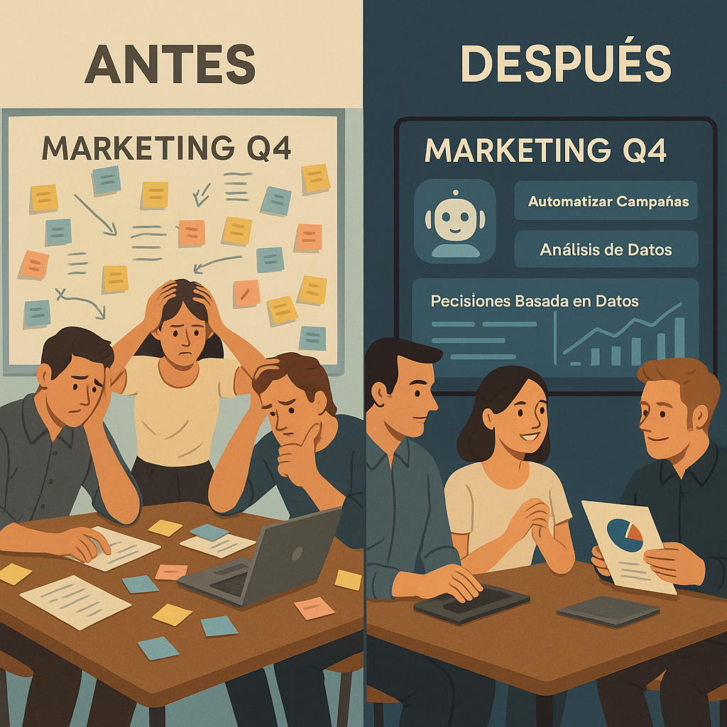 Una imagen comparativa "Antes y Después". "Antes" muestra a un equipo de marketing estresado, rodeado de pizarras caóticas y notas adhesivas.