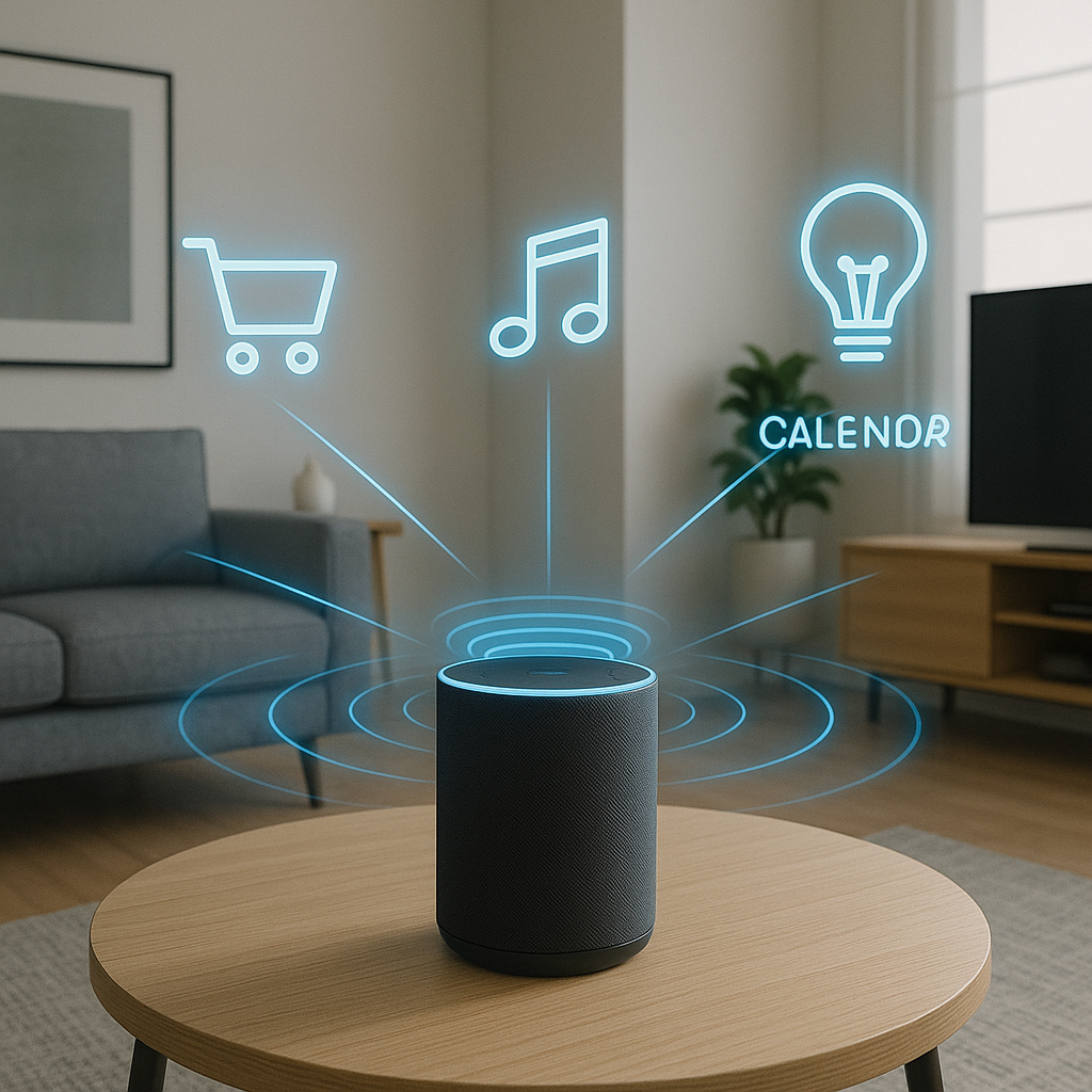 Nuevo altavoz Amazon Echo 2025 como centro de un ecosistema de hogar inteligente y comercio.