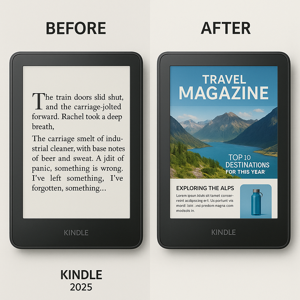 Comparativa de las capacidades del nuevo Amazon Kindle 2025, mostrando lectura tradicional y contenido a color interactivo.