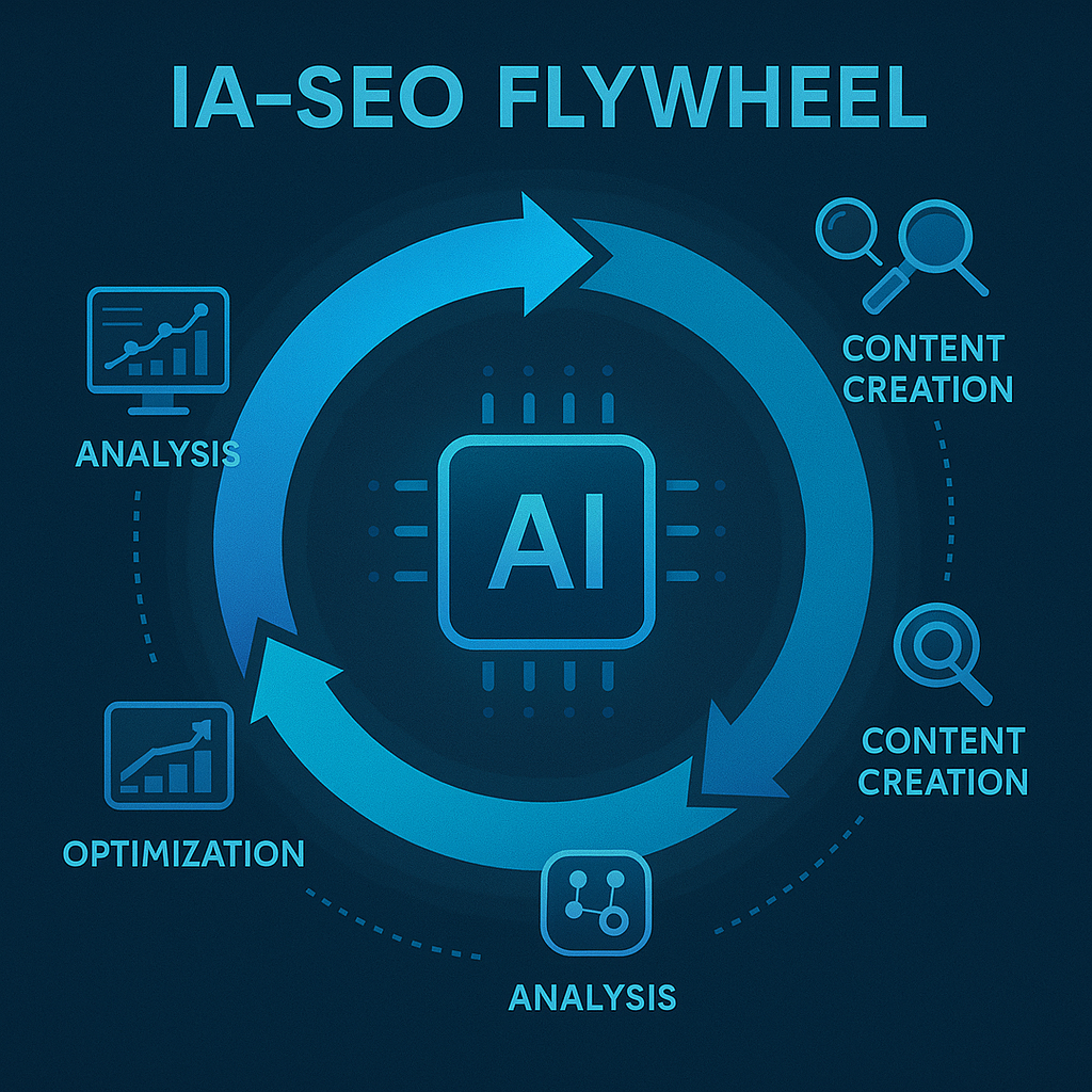 Infografía del Volante del IA-SEO, demostrando cómo la inteligencia artificial automatiza y potencia el ciclo completo de la estrategia SEO.