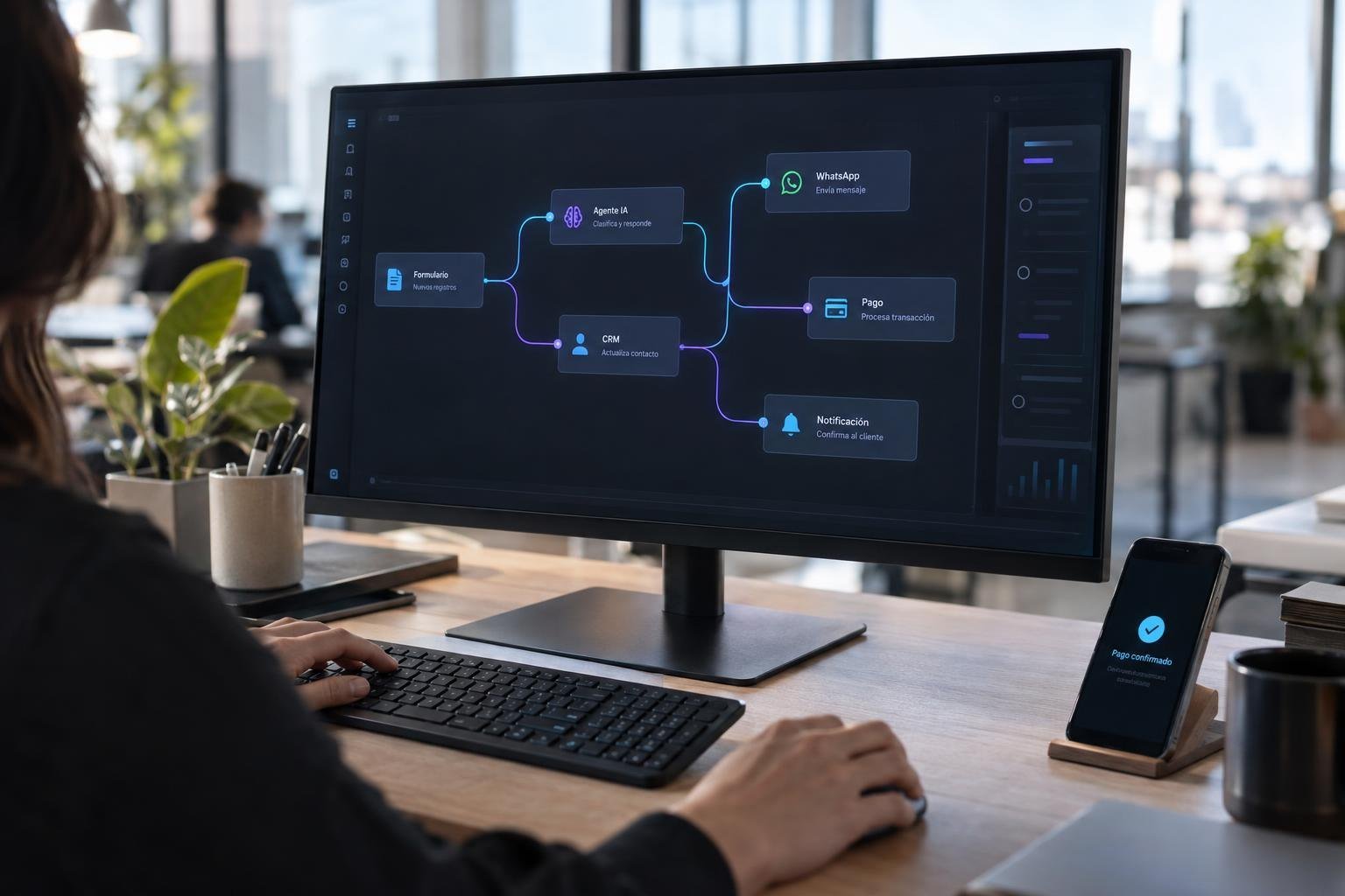 Monitor con una automatización que conecta el CRM, WhatsApp, pagos y formularios