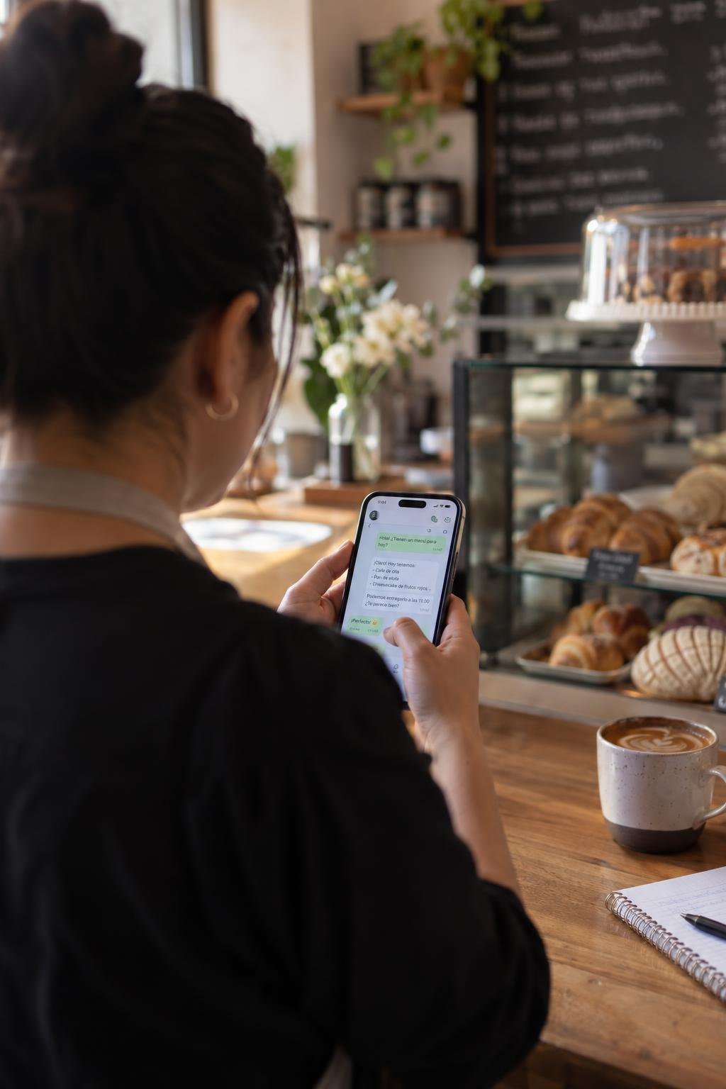 Dueña de una pastelería revisa en su celular un pedido que ya atendió su agente de IA por WhatsApp