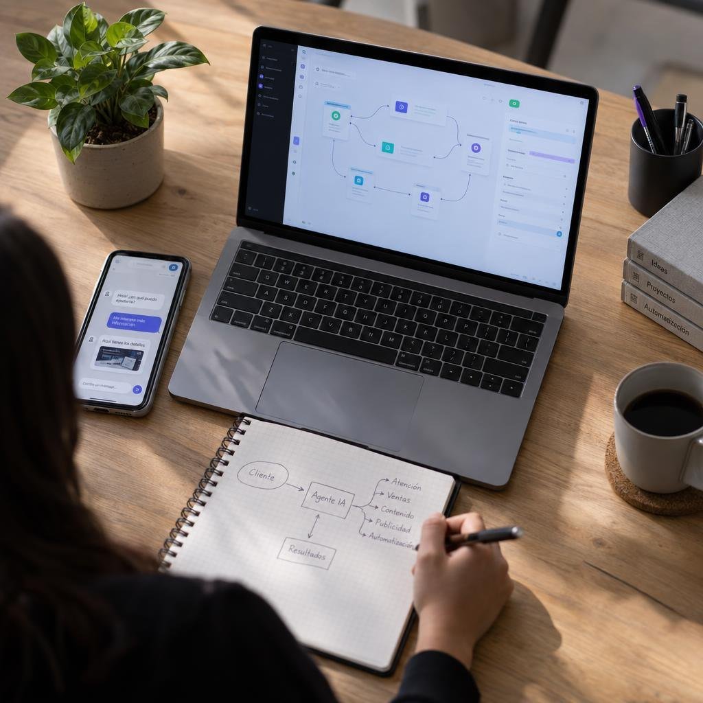 Mesa de trabajo con un flujo de automatización en la laptop y un diagrama dibujado a mano