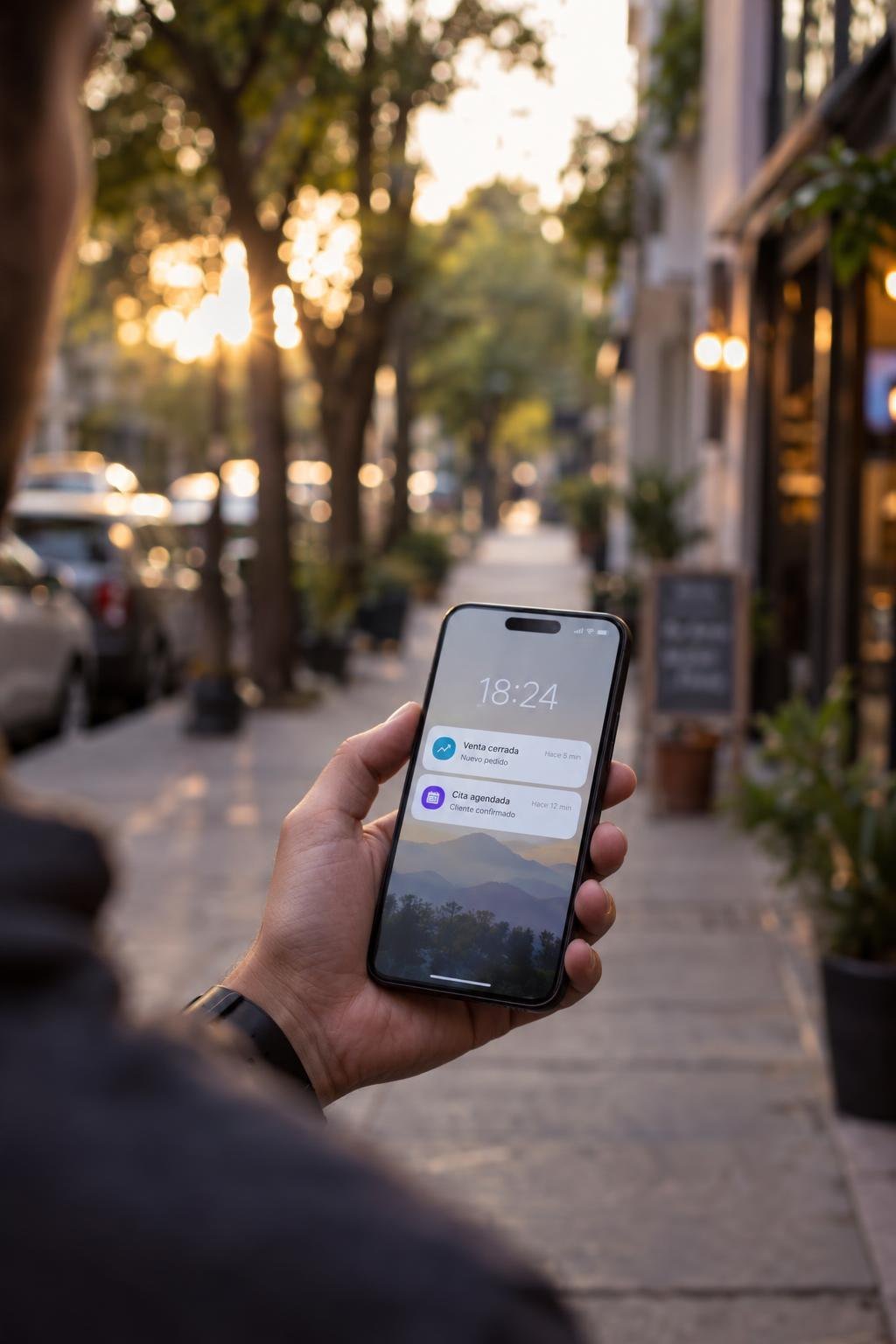 Celular con avisos de una venta y una cita que agendó un agente de IA mientras su dueño está fuera