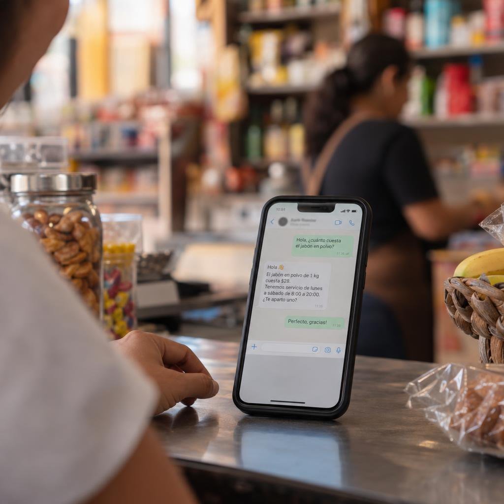 web-servicio-atencion Celular en el mostrador de una tienda con un agente de IA respondiendo por WhatsApp