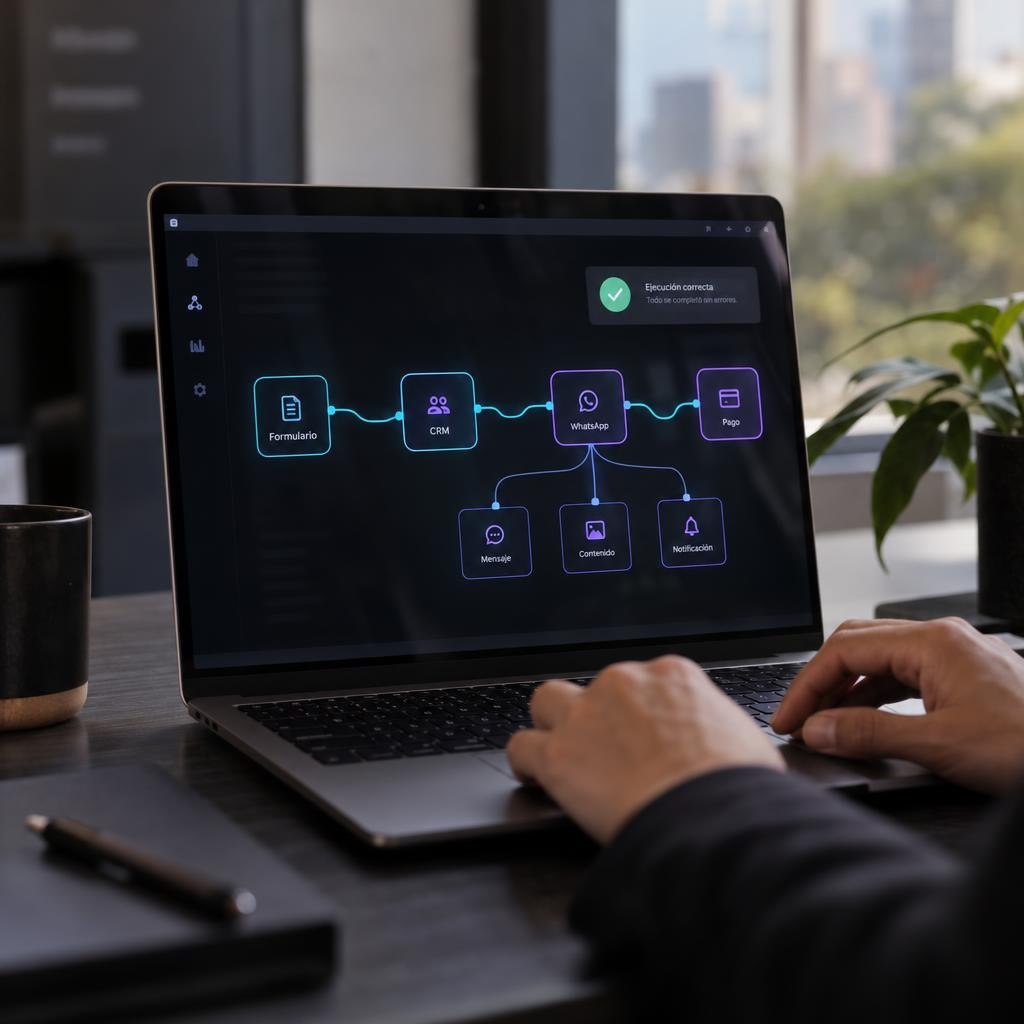 web-servicio-automatizacion Flujo de automatización que conecta formulario, CRM, WhatsApp y pagos