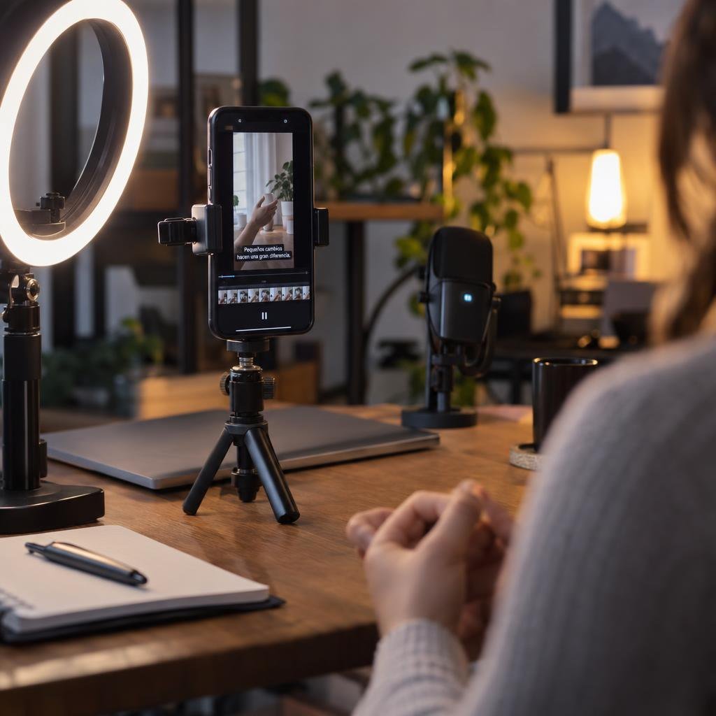 web-servicio-contenido Celular grabando en un tripié junto a un aro de luz con un video vertical listo para publicar