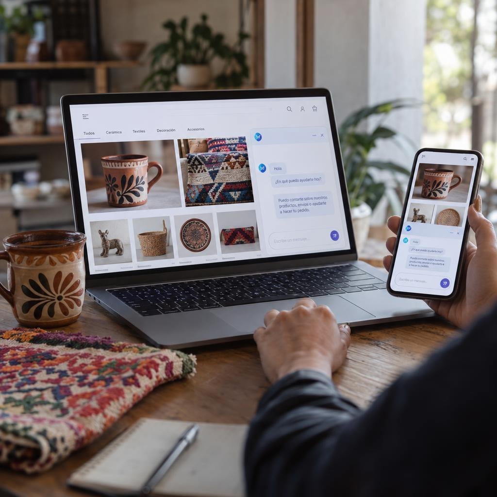 web-servicio-software Tienda en línea de productos artesanales en laptop y celular con un asistente de IA