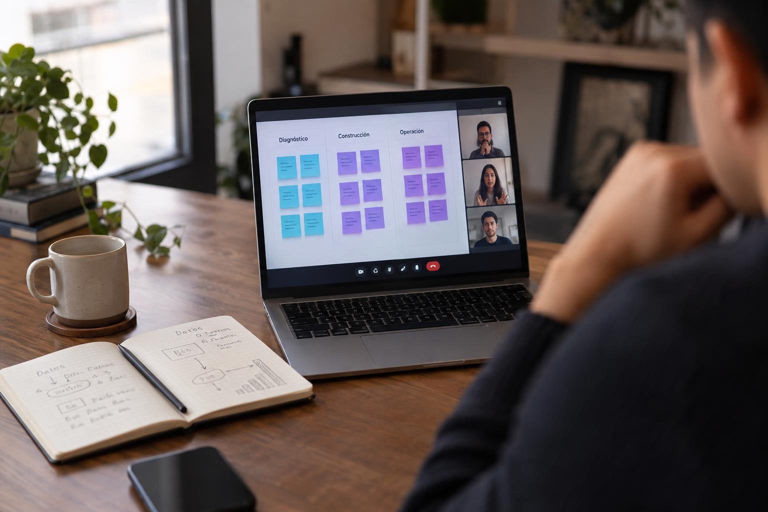 web-servicios-como-trabajamos Sesión de diagnóstico en videollamada con las etapas del proyecto: diagnóstico, construcción y operación